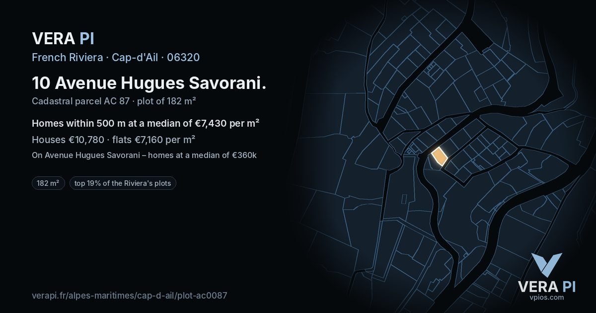 10 Avenue Hugues Savorani, Cap-d'Ail at night – the plot lit, the parcels around coloured by the prices near them