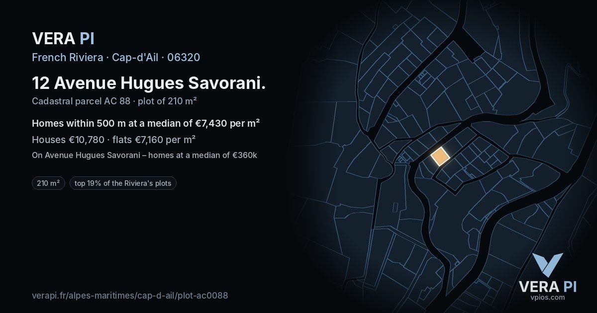 12 Avenue Hugues Savorani, Cap-d'Ail at night – the plot lit, the parcels around coloured by the prices near them