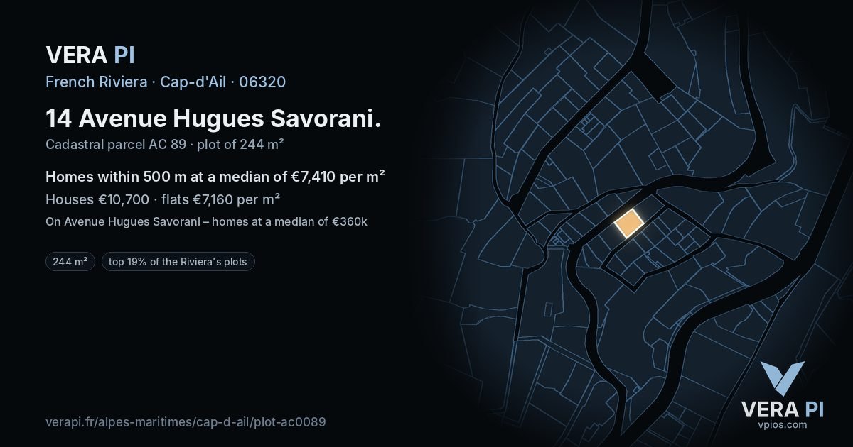 14 Avenue Hugues Savorani, Cap-d'Ail at night – the plot lit, the parcels around coloured by the prices near them