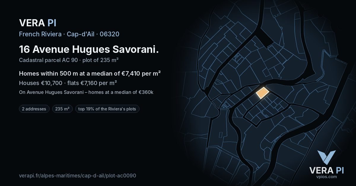 16 Avenue Hugues Savorani, Cap-d'Ail at night – the plot lit, the parcels around coloured by the prices near them
