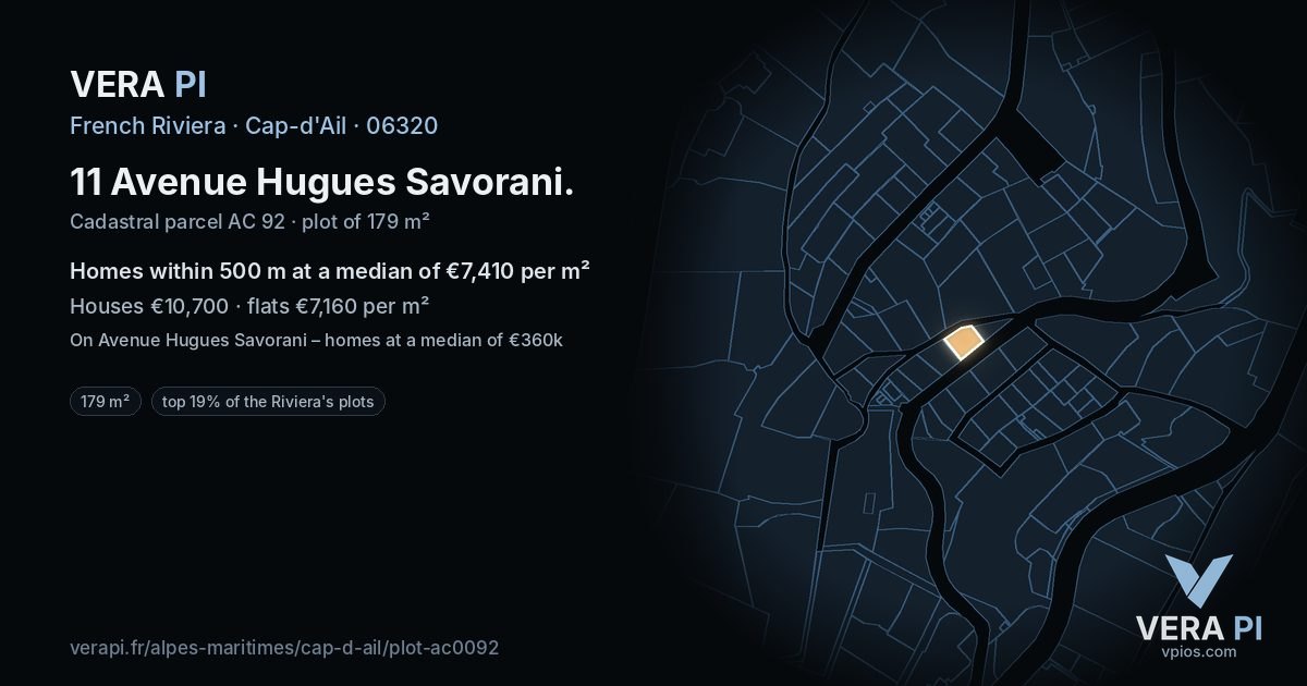 11 Avenue Hugues Savorani, Cap-d'Ail at night – the plot lit, the parcels around coloured by the prices near them