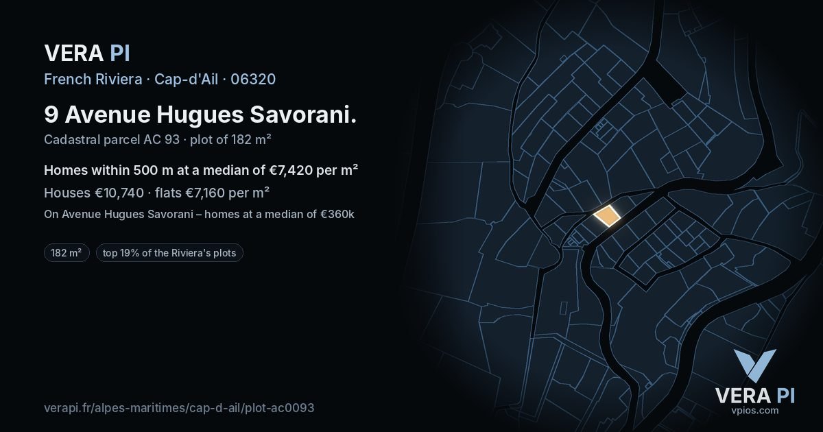 9 Avenue Hugues Savorani, Cap-d'Ail at night – the plot lit, the parcels around coloured by the prices near them