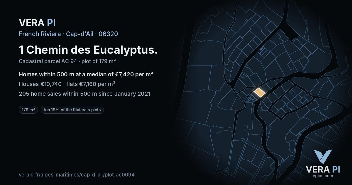 1 Chemin des Eucalyptus, Cap-d'Ail at night – the plot lit, the parcels around coloured by the prices near them