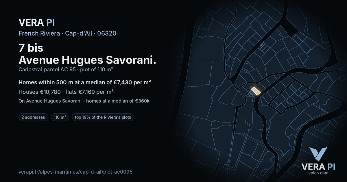 7 bis Avenue Hugues Savorani, Cap-d'Ail at night – the plot lit, the parcels around coloured by the prices near them