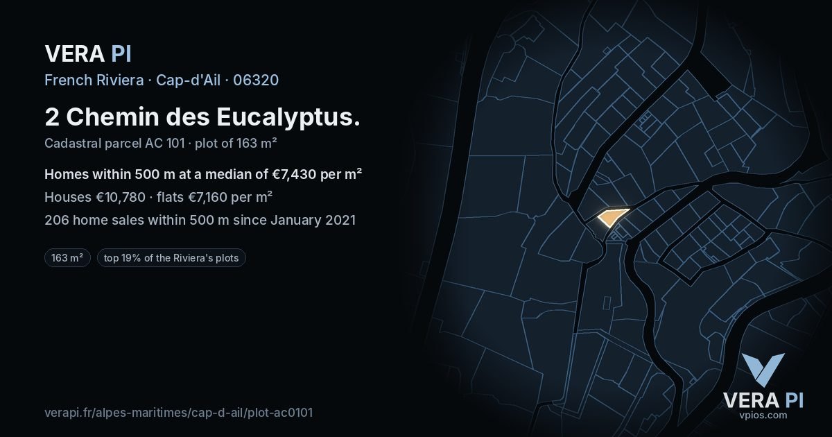 2 Chemin des Eucalyptus, Cap-d'Ail at night – the plot lit, the parcels around coloured by the prices near them