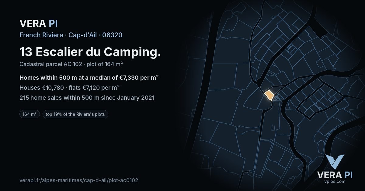 13 Escalier du Camping, Cap-d'Ail at night – the plot lit, the parcels around coloured by the prices near them
