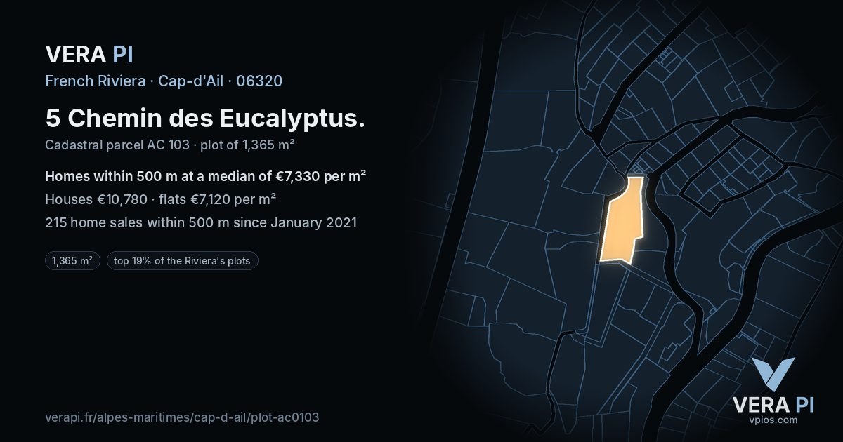 5 Chemin des Eucalyptus, Cap-d'Ail at night – the plot lit, the parcels around coloured by the prices near them