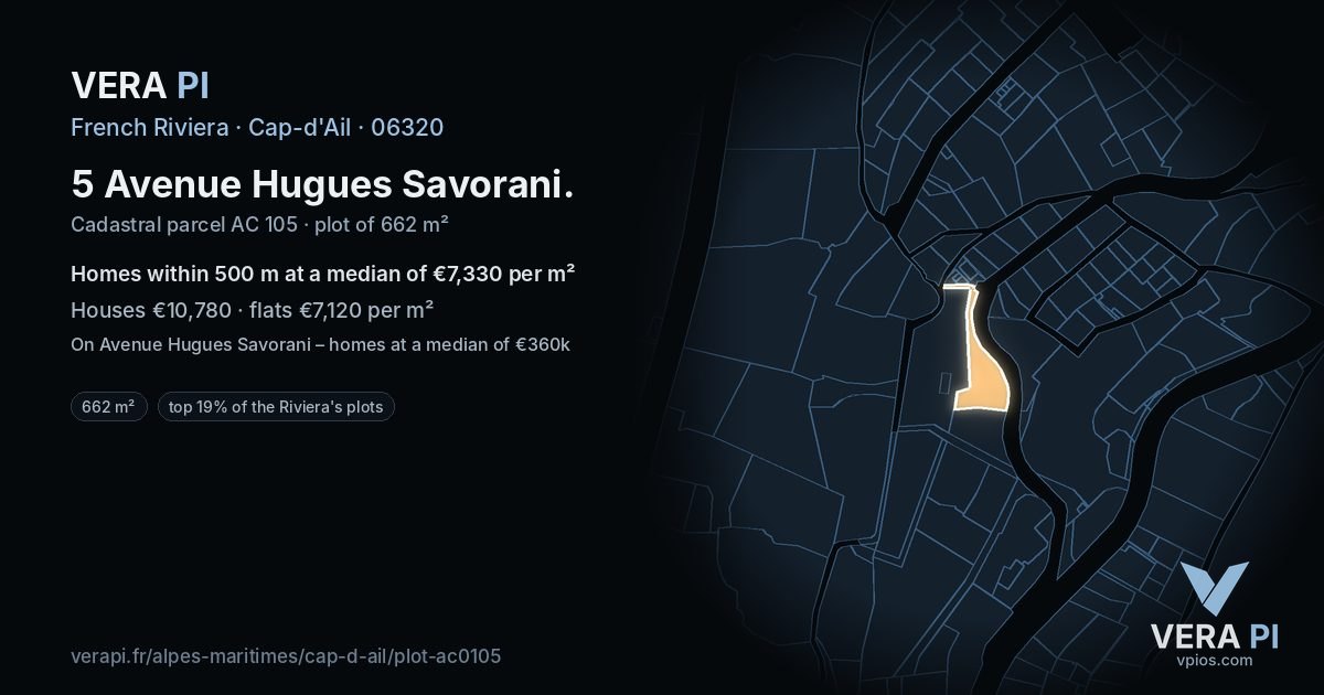 5 Avenue Hugues Savorani, Cap-d'Ail at night – the plot lit, the parcels around coloured by the prices near them