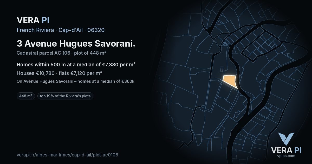 3 Avenue Hugues Savorani, Cap-d'Ail at night – the plot lit, the parcels around coloured by the prices near them