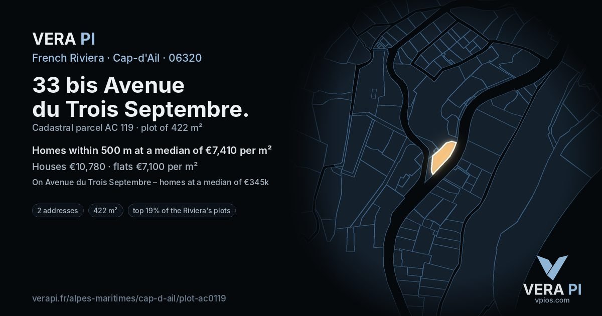33 bis Avenue du Trois Septembre, Cap-d'Ail at night – the plot lit, the parcels around coloured by the prices near them