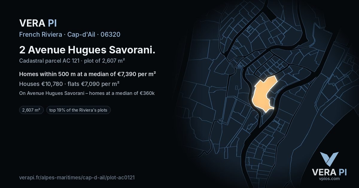 2 Avenue Hugues Savorani, Cap-d'Ail at night – the plot lit, the parcels around coloured by the prices near them