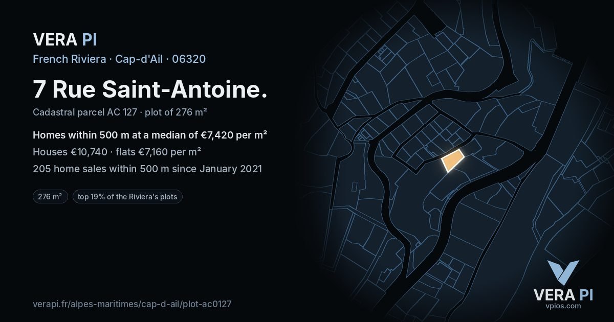 7 Rue Saint-Antoine, Cap-d'Ail at night – the plot lit, the parcels around coloured by the prices near them