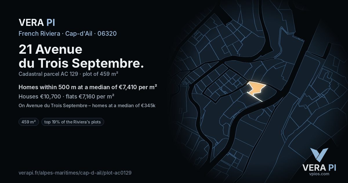 21 Avenue du Trois Septembre, Cap-d'Ail at night – the plot lit, the parcels around coloured by the prices near them