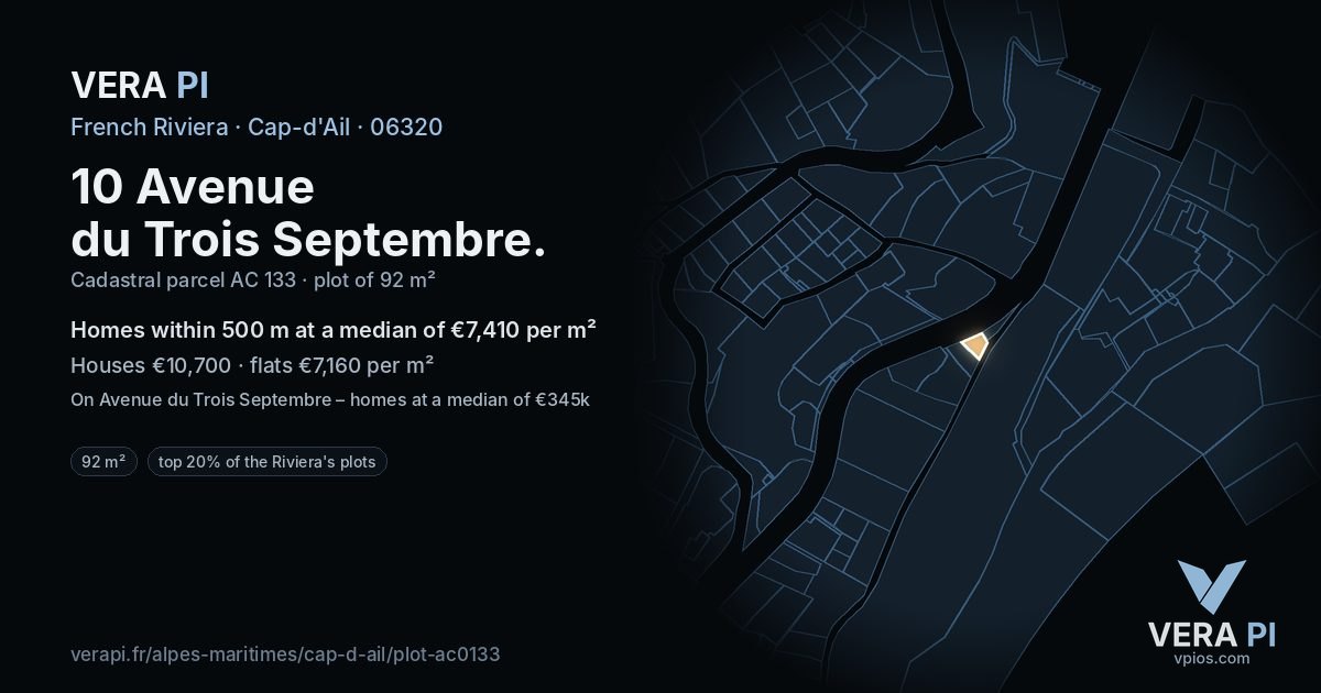 10 Avenue du Trois Septembre, Cap-d'Ail at night – the plot lit, the parcels around coloured by the prices near them
