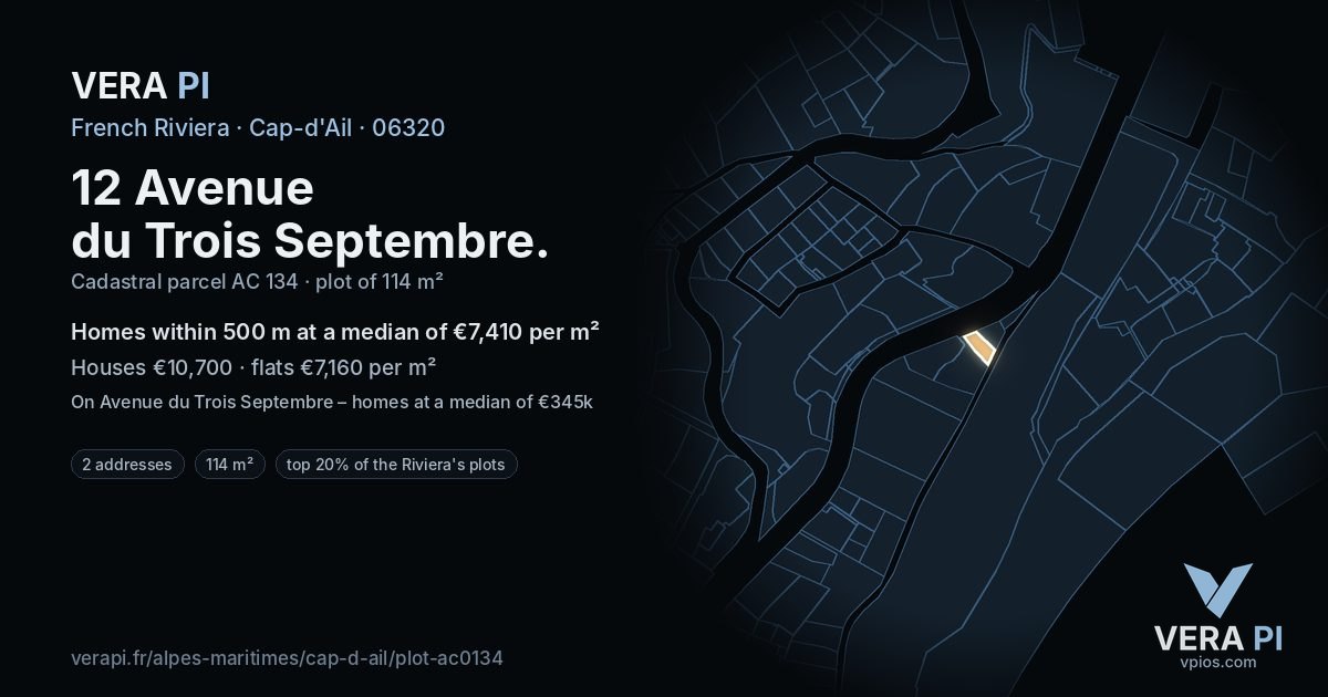 12 Avenue du Trois Septembre, Cap-d'Ail at night – the plot lit, the parcels around coloured by the prices near them