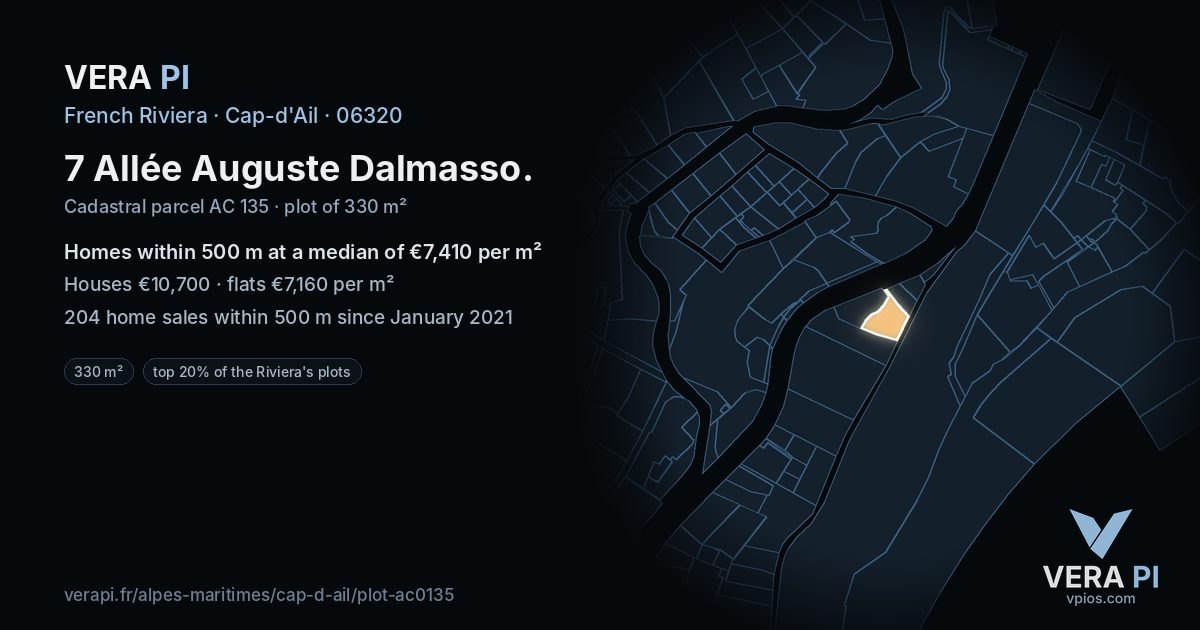 7 Allée Auguste Dalmasso, Cap-d'Ail at night – the plot lit, the parcels around coloured by the prices near them
