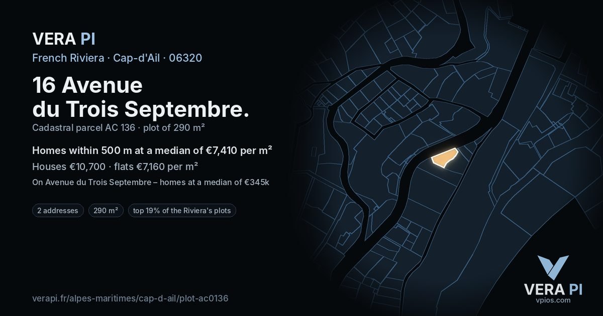 16 Avenue du Trois Septembre, Cap-d'Ail at night – the plot lit, the parcels around coloured by the prices near them