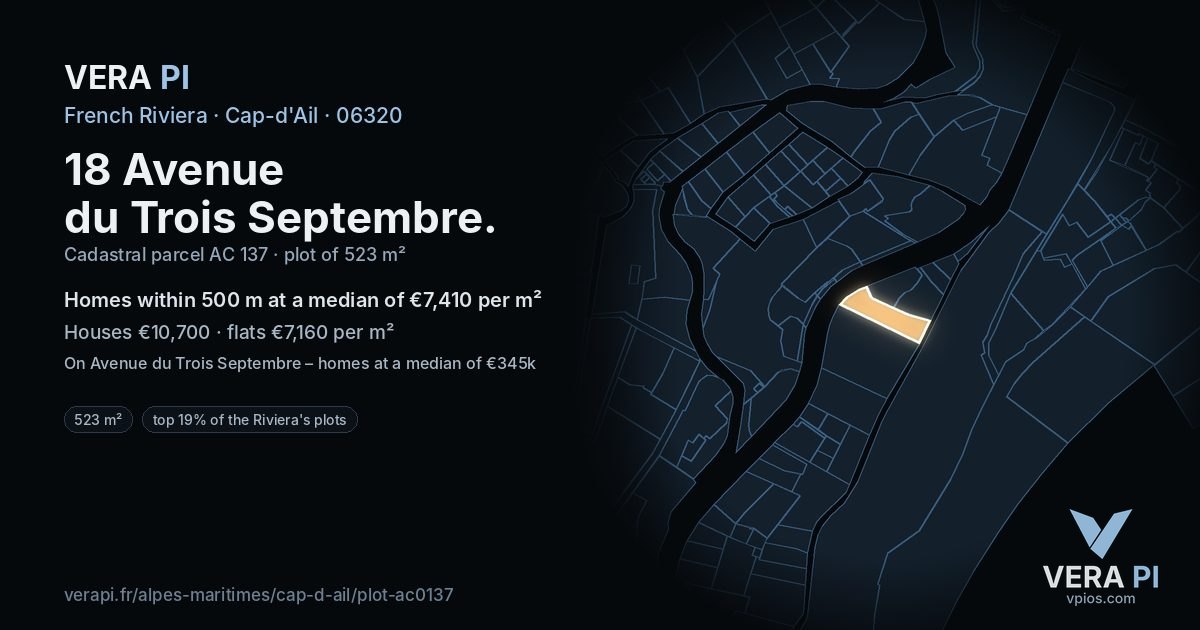 18 Avenue du Trois Septembre, Cap-d'Ail at night – the plot lit, the parcels around coloured by the prices near them