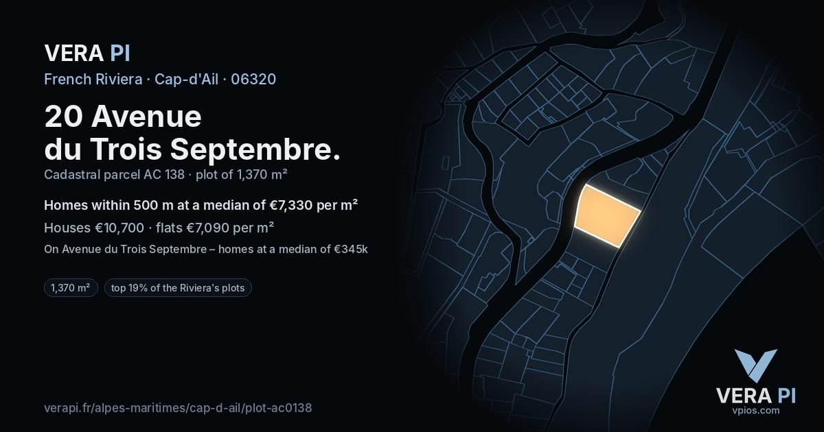 20 Avenue du Trois Septembre, Cap-d'Ail at night – the plot lit, the parcels around coloured by the prices near them