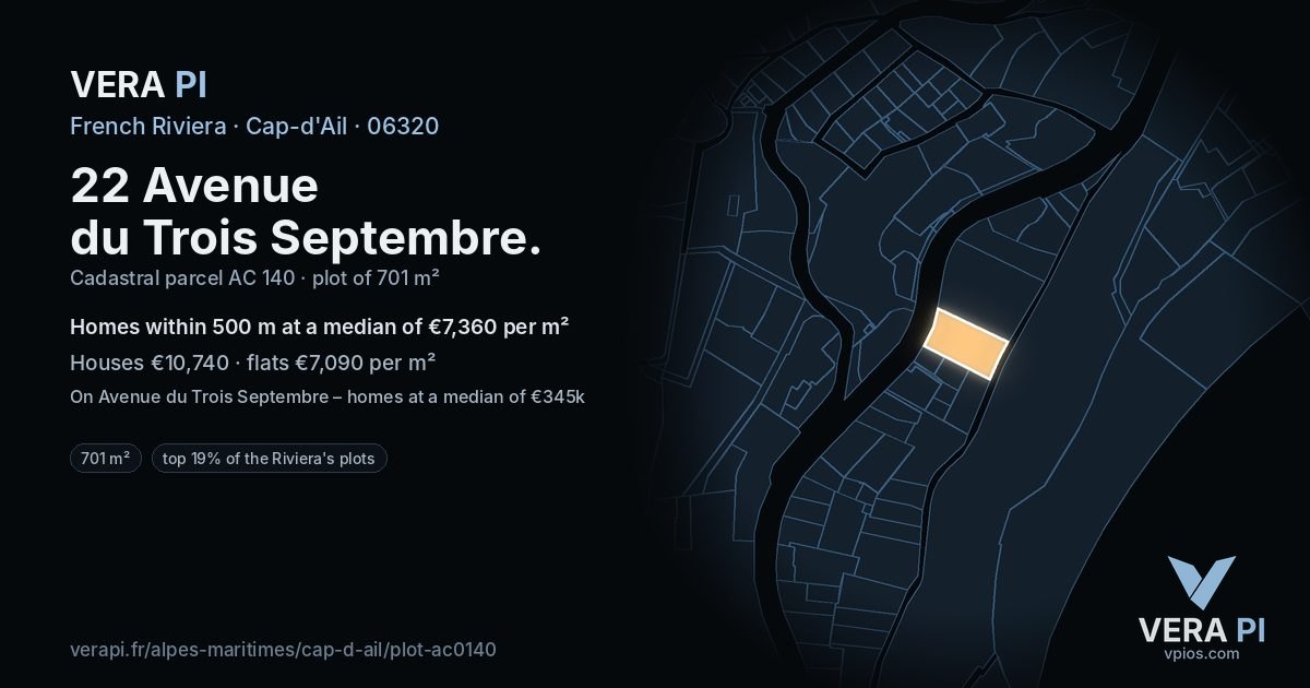 22 Avenue du Trois Septembre, Cap-d'Ail at night – the plot lit, the parcels around coloured by the prices near them