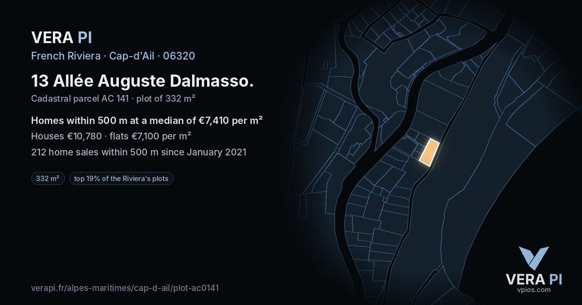 13 Allée Auguste Dalmasso, Cap-d'Ail at night – the plot lit, the parcels around coloured by the prices near them