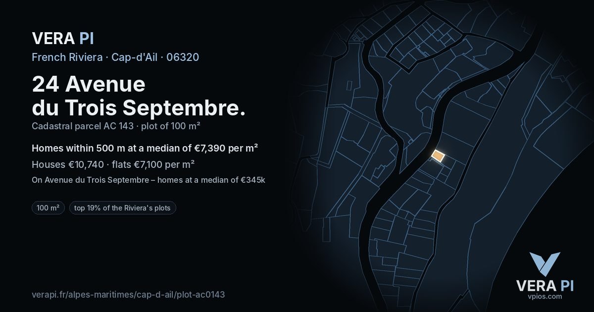 24 Avenue du Trois Septembre, Cap-d'Ail at night – the plot lit, the parcels around coloured by the prices near them