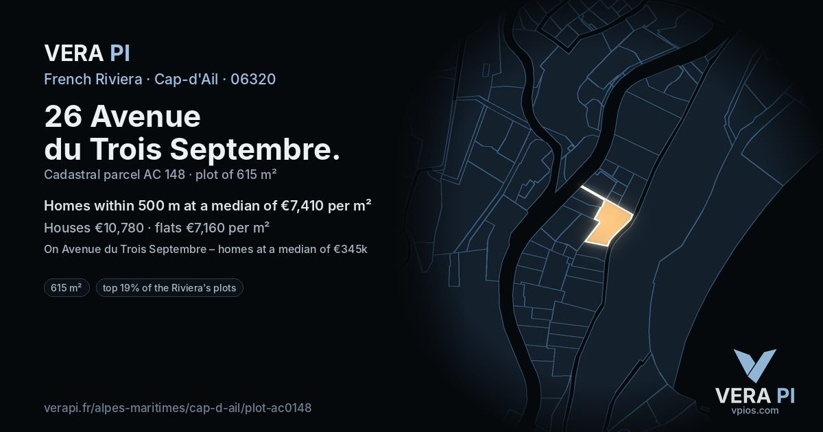26 Avenue du Trois Septembre, Cap-d'Ail at night – the plot lit, the parcels around coloured by the prices near them