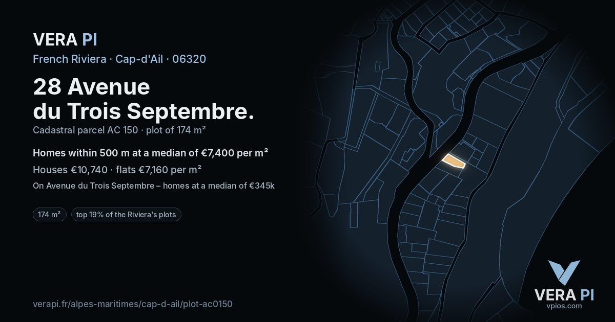 28 Avenue du Trois Septembre, Cap-d'Ail at night – the plot lit, the parcels around coloured by the prices near them