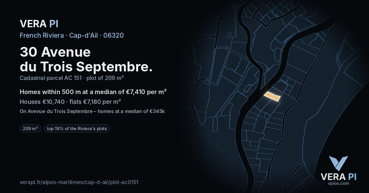 30 Avenue du Trois Septembre, Cap-d'Ail at night – the plot lit, the parcels around coloured by the prices near them