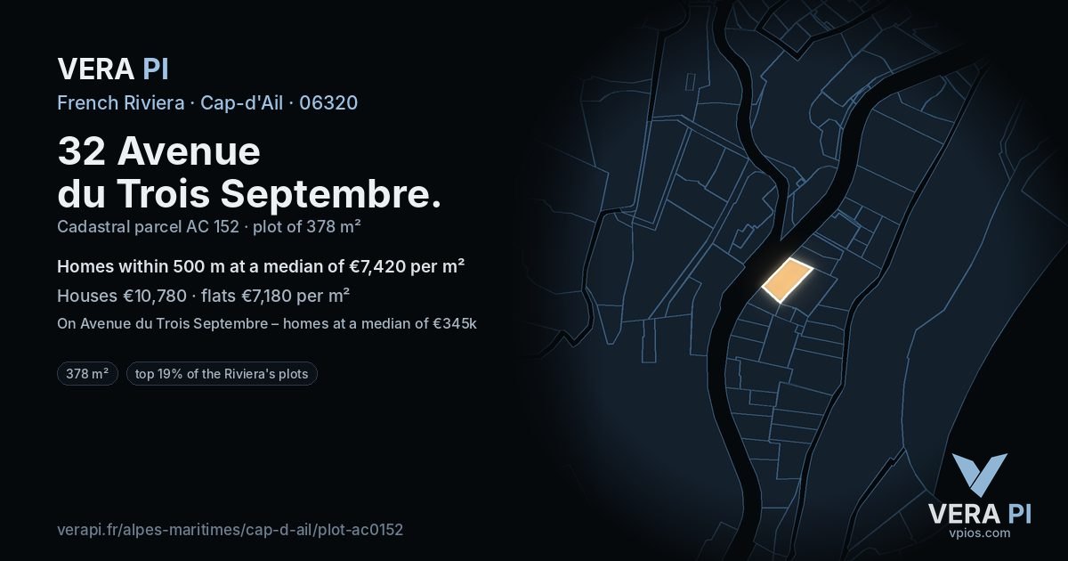 32 Avenue du Trois Septembre, Cap-d'Ail at night – the plot lit, the parcels around coloured by the prices near them