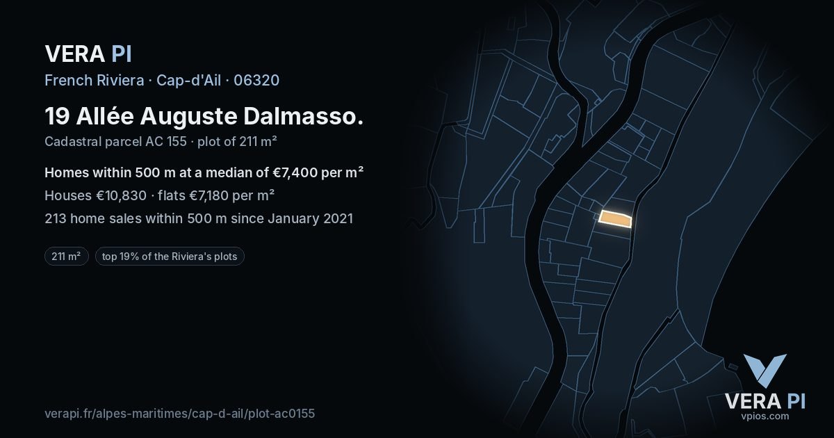 19 Allée Auguste Dalmasso, Cap-d'Ail at night – the plot lit, the parcels around coloured by the prices near them