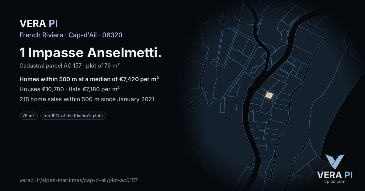 1 Impasse Anselmetti, Cap-d'Ail at night – the plot lit, the parcels around coloured by the prices near them