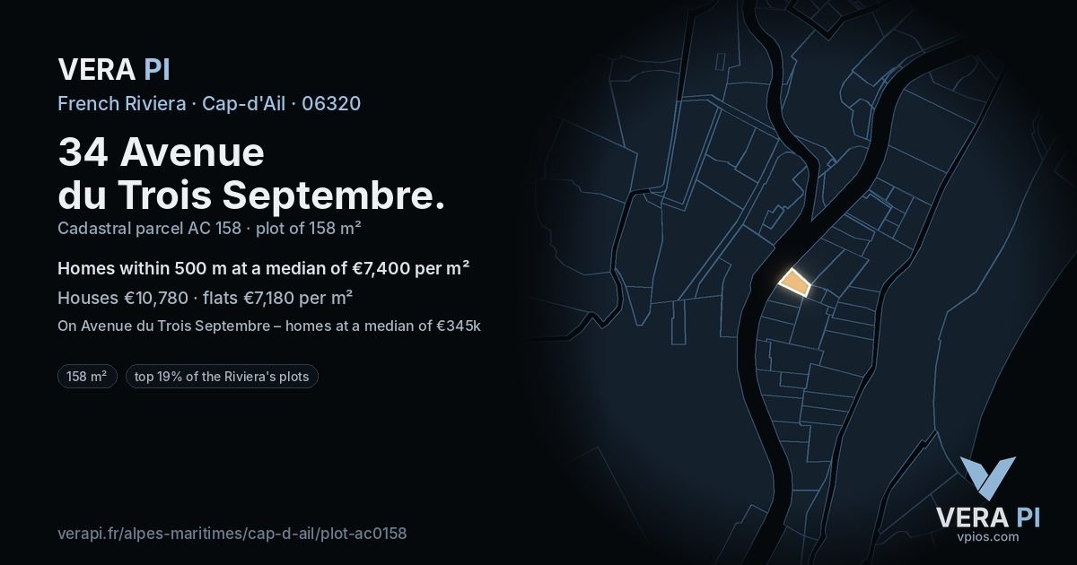 34 Avenue du Trois Septembre, Cap-d'Ail at night – the plot lit, the parcels around coloured by the prices near them