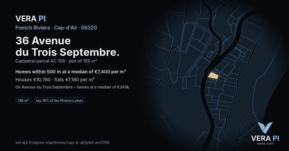 36 Avenue du Trois Septembre, Cap-d'Ail at night – the plot lit, the parcels around coloured by the prices near them