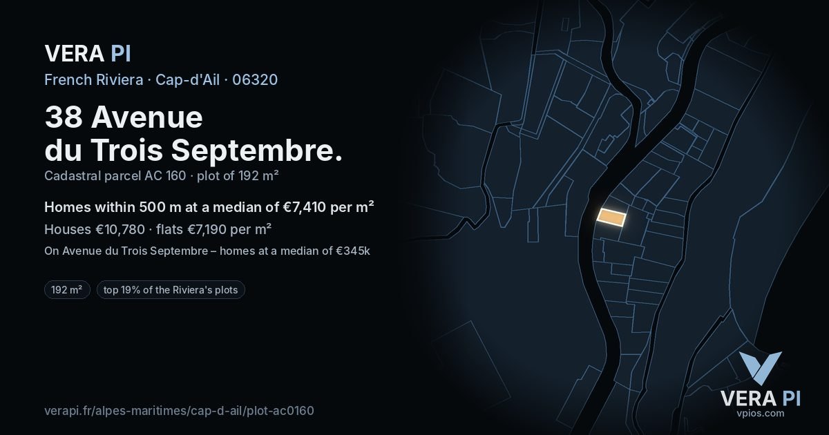 38 Avenue du Trois Septembre, Cap-d'Ail at night – the plot lit, the parcels around coloured by the prices near them
