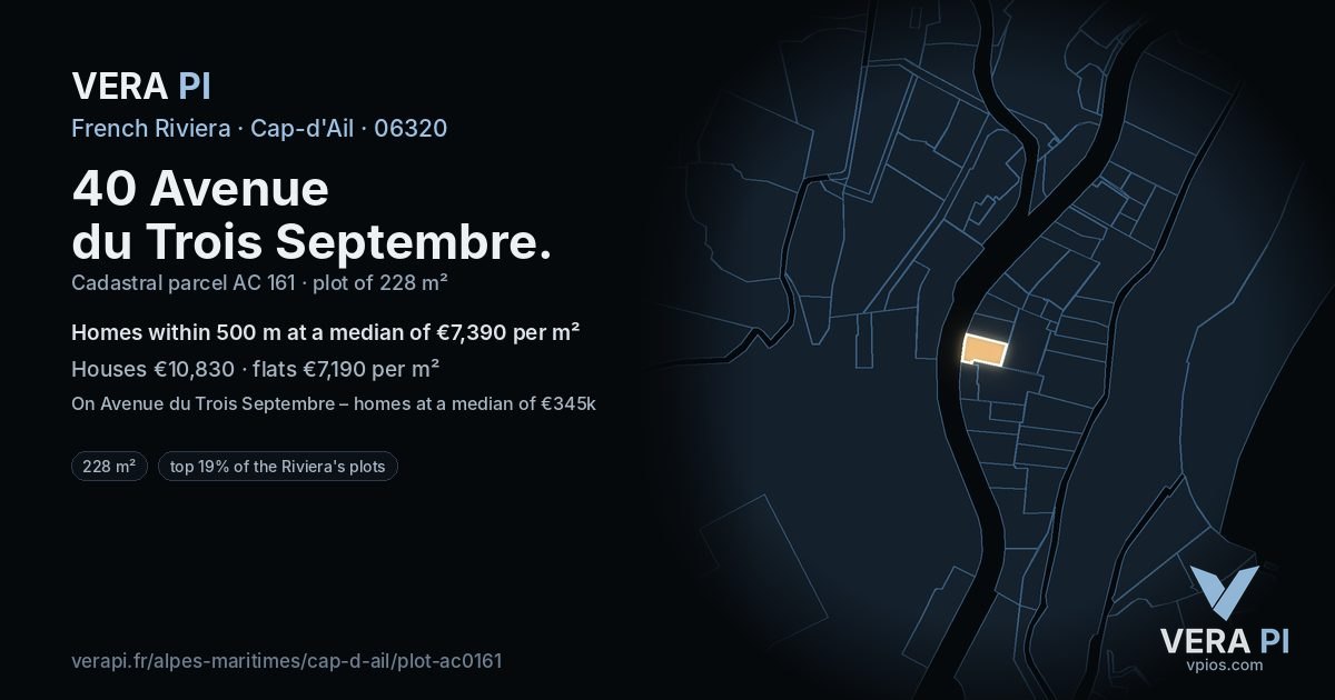40 Avenue du Trois Septembre, Cap-d'Ail at night – the plot lit, the parcels around coloured by the prices near them