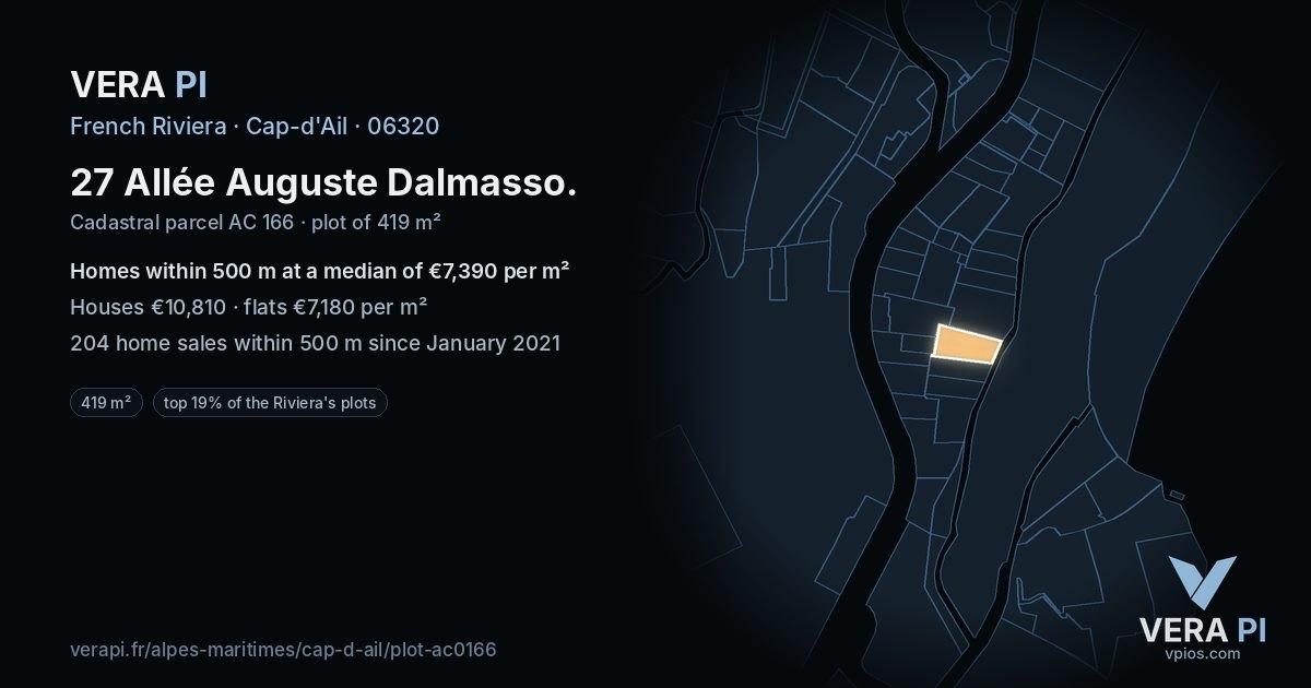 27 Allée Auguste Dalmasso, Cap-d'Ail at night – the plot lit, the parcels around coloured by the prices near them