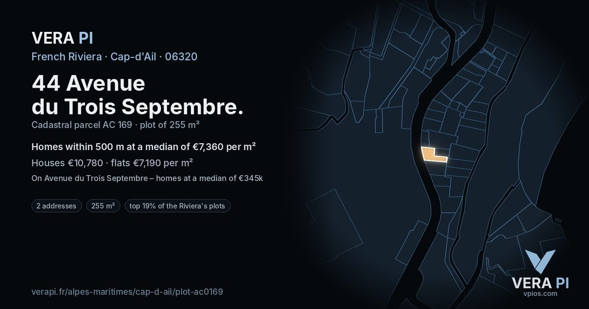 44 Avenue du Trois Septembre, Cap-d'Ail at night – the plot lit, the parcels around coloured by the prices near them