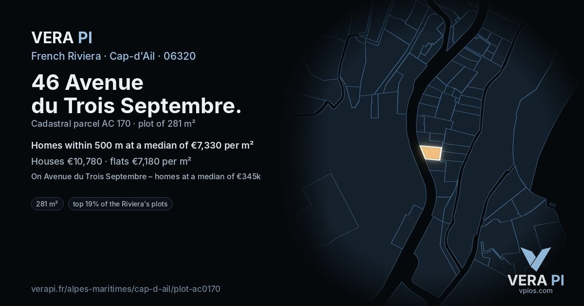 46 Avenue du Trois Septembre, Cap-d'Ail at night – the plot lit, the parcels around coloured by the prices near them