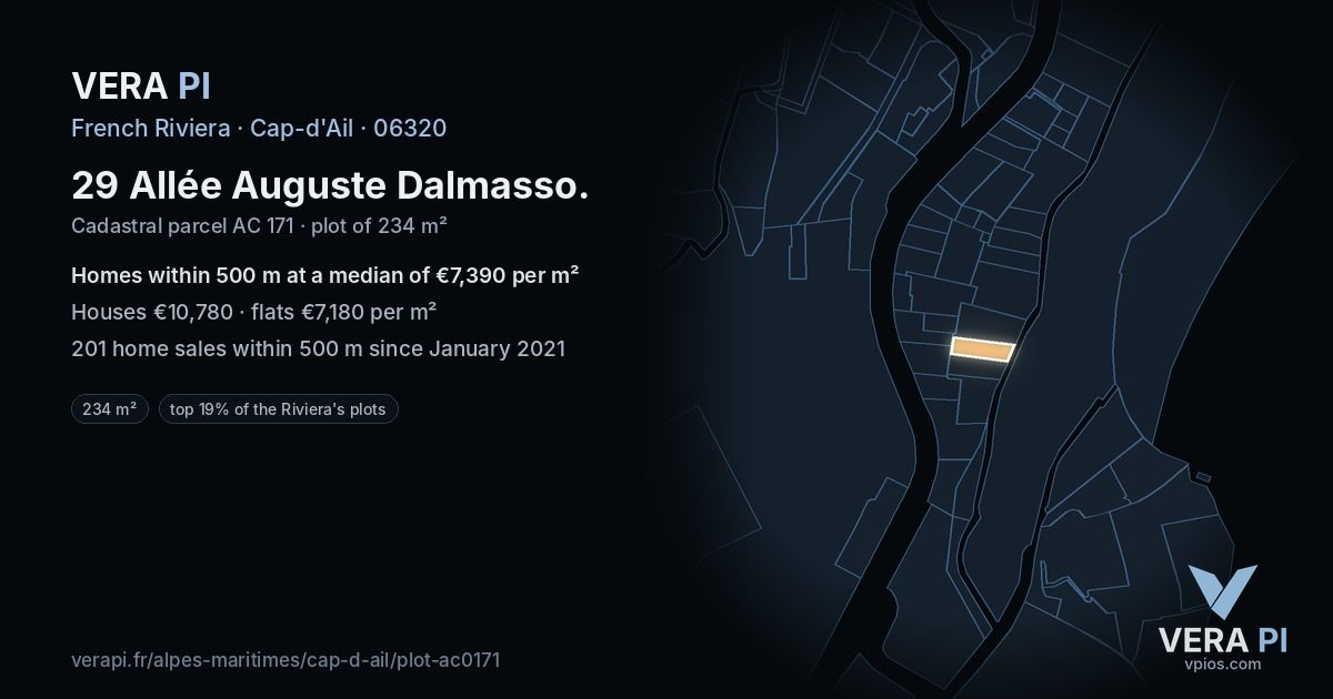 29 Allée Auguste Dalmasso, Cap-d'Ail at night – the plot lit, the parcels around coloured by the prices near them