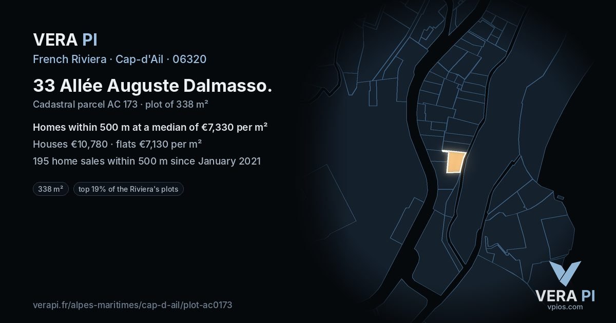 33 Allée Auguste Dalmasso, Cap-d'Ail at night – the plot lit, the parcels around coloured by the prices near them