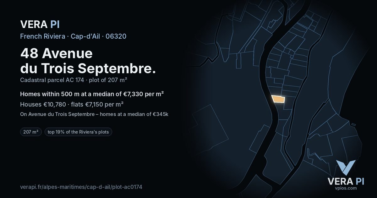 48 Avenue du Trois Septembre, Cap-d'Ail at night – the plot lit, the parcels around coloured by the prices near them