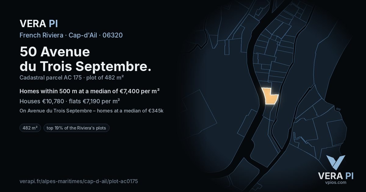 50 Avenue du Trois Septembre, Cap-d'Ail at night – the plot lit, the parcels around coloured by the prices near them