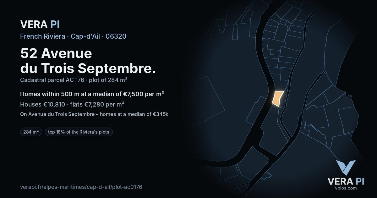 52 Avenue du Trois Septembre, Cap-d'Ail at night – the plot lit, the parcels around coloured by the prices near them