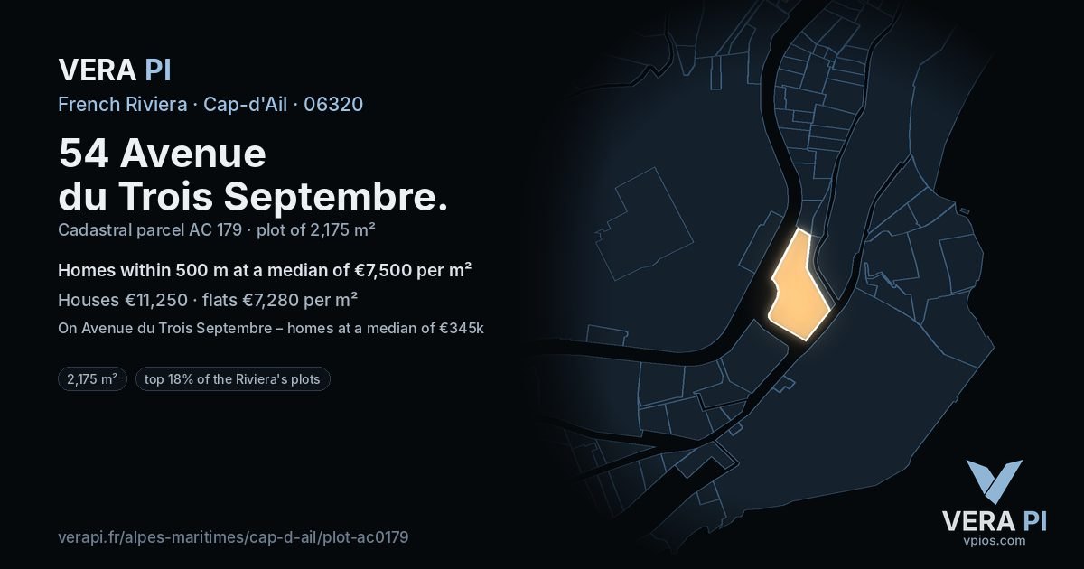 54 Avenue du Trois Septembre, Cap-d'Ail at night – the plot lit, the parcels around coloured by the prices near them