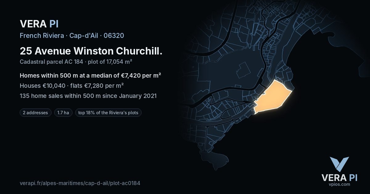 25 Avenue Winston Churchill, Cap-d'Ail at night – the plot lit, the parcels around coloured by the prices near them