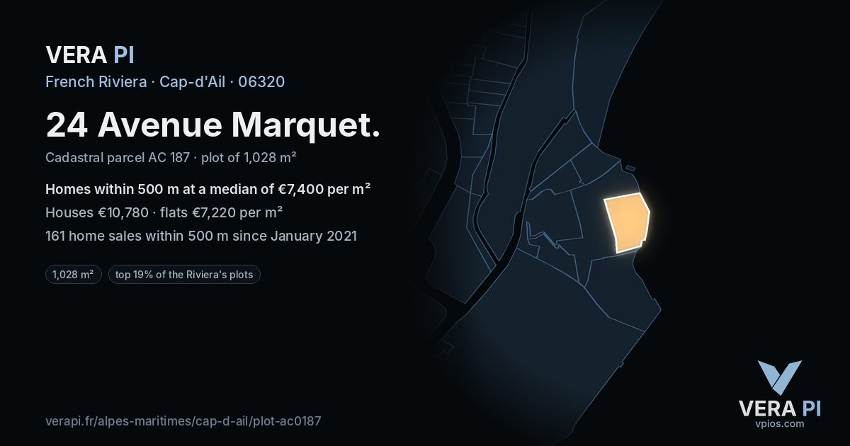 24 Avenue Marquet, Cap-d'Ail at night – the plot lit, the parcels around coloured by the prices near them