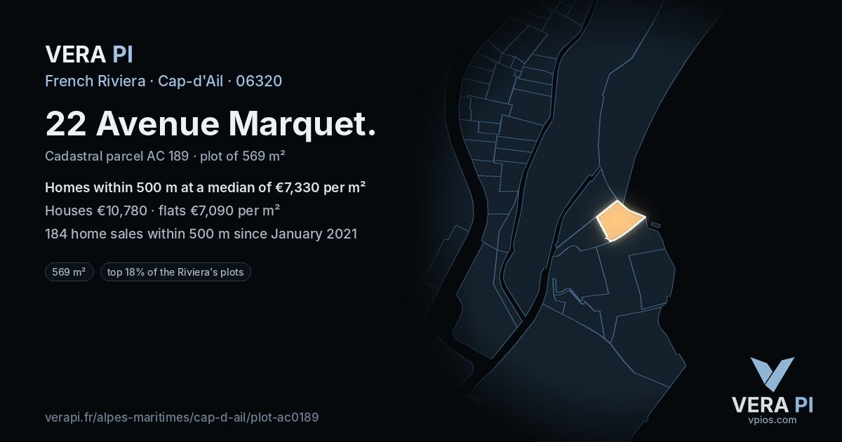 22 Avenue Marquet, Cap-d'Ail at night – the plot lit, the parcels around coloured by the prices near them