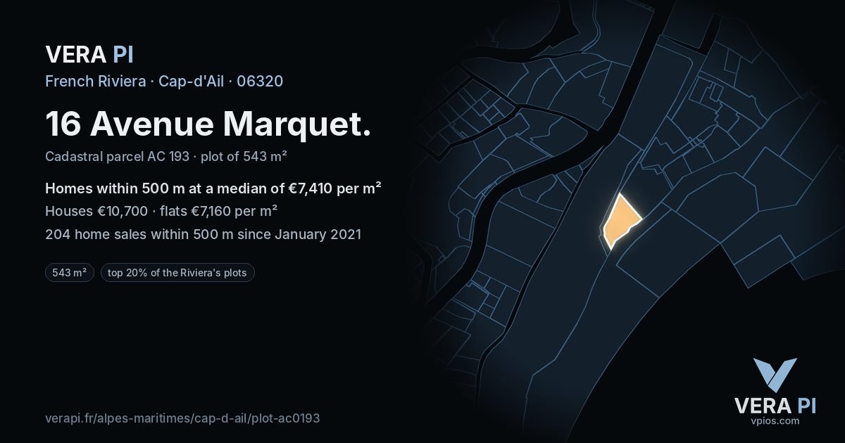 16 Avenue Marquet, Cap-d'Ail at night – the plot lit, the parcels around coloured by the prices near them