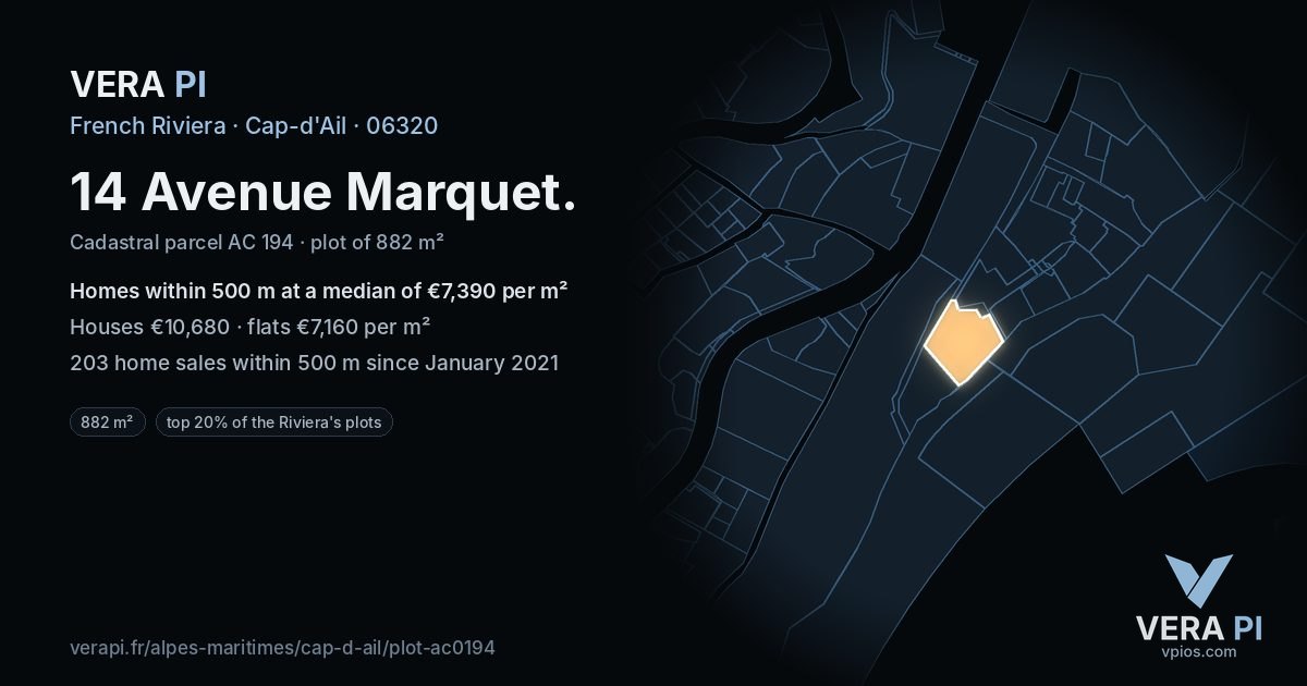 14 Avenue Marquet, Cap-d'Ail at night – the plot lit, the parcels around coloured by the prices near them